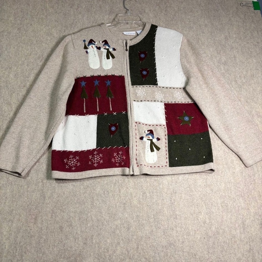 Croft & Barrow Sweater Womens XL Tan Ramie Wool Patchwork Snowman Zip Cardigan